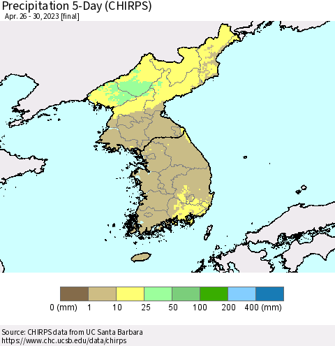 Korea Precipitation 5-Day (CHIRPS) Thematic Map For 4/26/2023 - 4/30/2023