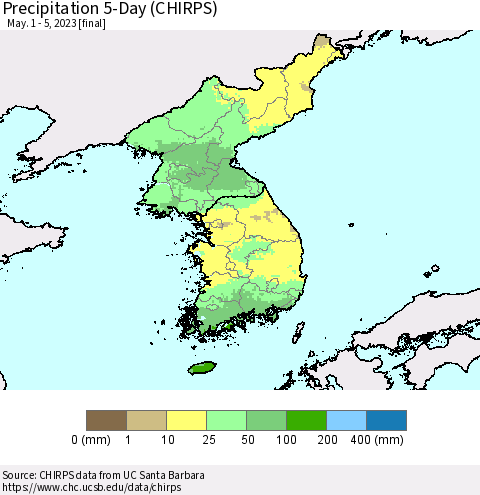 Korea Precipitation 5-Day (CHIRPS) Thematic Map For 5/1/2023 - 5/5/2023