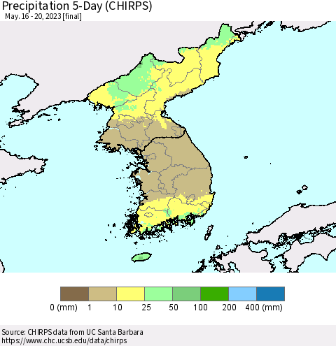 Korea Precipitation 5-Day (CHIRPS) Thematic Map For 5/16/2023 - 5/20/2023