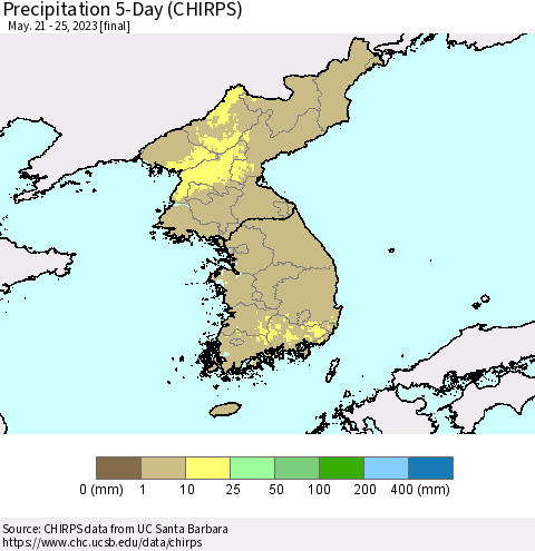 Korea Precipitation 5-Day (CHIRPS) Thematic Map For 5/21/2023 - 5/25/2023