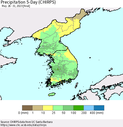 Korea Precipitation 5-Day (CHIRPS) Thematic Map For 5/26/2023 - 5/31/2023