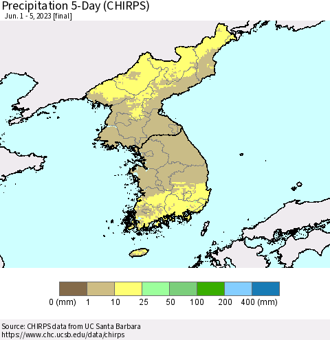 Korea Precipitation 5-Day (CHIRPS) Thematic Map For 6/1/2023 - 6/5/2023