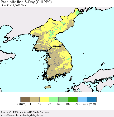 Korea Precipitation 5-Day (CHIRPS) Thematic Map For 6/11/2023 - 6/15/2023