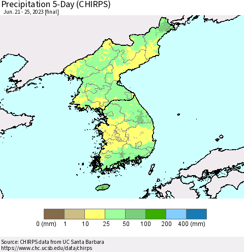 Korea Precipitation 5-Day (CHIRPS) Thematic Map For 6/21/2023 - 6/25/2023