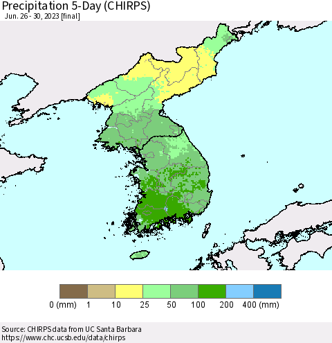 Korea Precipitation 5-Day (CHIRPS) Thematic Map For 6/26/2023 - 6/30/2023