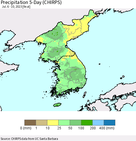 Korea Precipitation 5-Day (CHIRPS) Thematic Map For 7/6/2023 - 7/10/2023