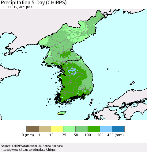 Korea Precipitation 5-Day (CHIRPS) Thematic Map For 7/11/2023 - 7/15/2023