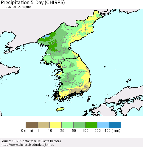 Korea Precipitation 5-Day (CHIRPS) Thematic Map For 7/26/2023 - 7/31/2023