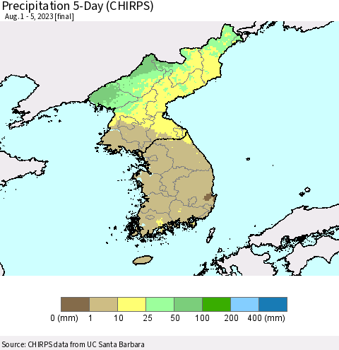 Korea Precipitation 5-Day (CHIRPS) Thematic Map For 8/1/2023 - 8/5/2023