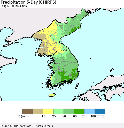 Korea Precipitation 5-Day (CHIRPS) Thematic Map For 8/6/2023 - 8/10/2023