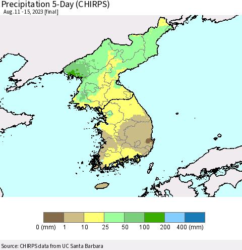 Korea Precipitation 5-Day (CHIRPS) Thematic Map For 8/11/2023 - 8/15/2023