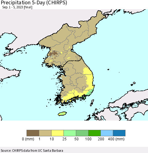 Korea Precipitation 5-Day (CHIRPS) Thematic Map For 9/1/2023 - 9/5/2023