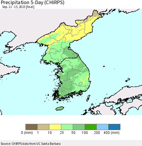 Korea Precipitation 5-Day (CHIRPS) Thematic Map For 9/11/2023 - 9/15/2023