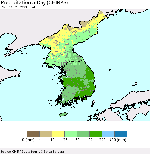 Korea Precipitation 5-Day (CHIRPS) Thematic Map For 9/16/2023 - 9/20/2023