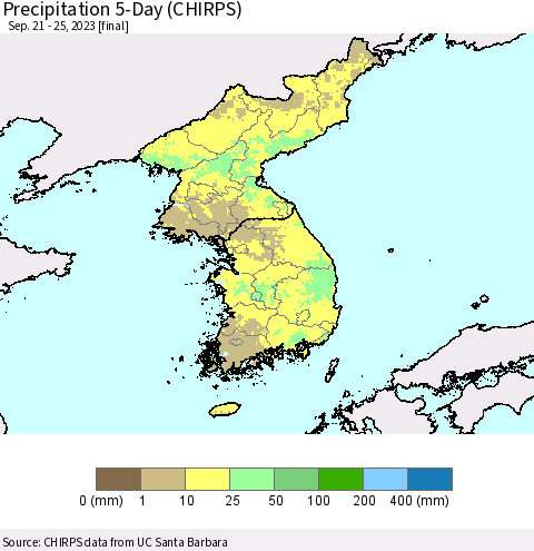 Korea Precipitation 5-Day (CHIRPS) Thematic Map For 9/21/2023 - 9/25/2023