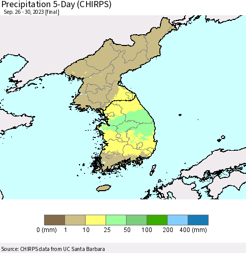 Korea Precipitation 5-Day (CHIRPS) Thematic Map For 9/26/2023 - 9/30/2023