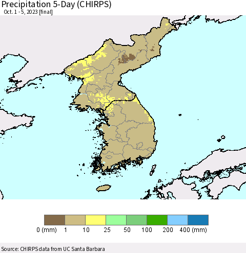 Korea Precipitation 5-Day (CHIRPS) Thematic Map For 10/1/2023 - 10/5/2023