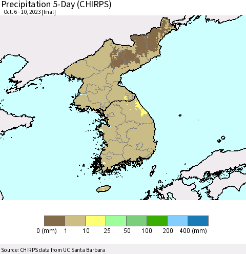Korea Precipitation 5-Day (CHIRPS) Thematic Map For 10/6/2023 - 10/10/2023