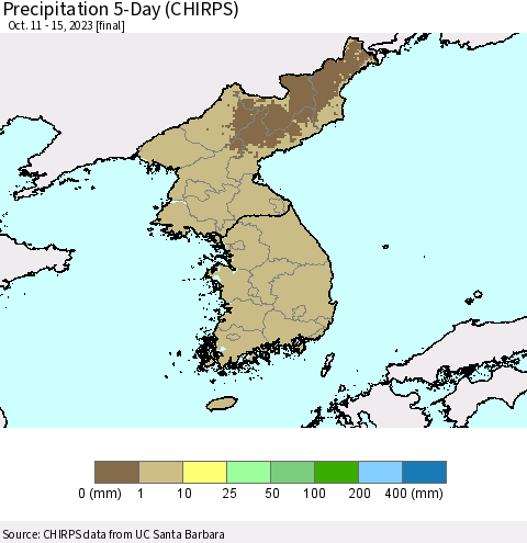 Korea Precipitation 5-Day (CHIRPS) Thematic Map For 10/11/2023 - 10/15/2023