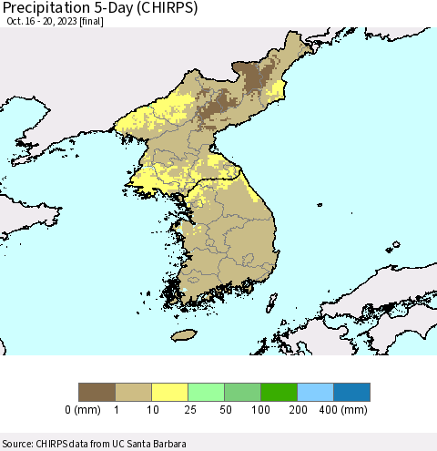 Korea Precipitation 5-Day (CHIRPS) Thematic Map For 10/16/2023 - 10/20/2023