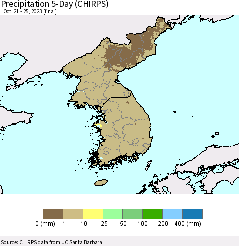 Korea Precipitation 5-Day (CHIRPS) Thematic Map For 10/21/2023 - 10/25/2023