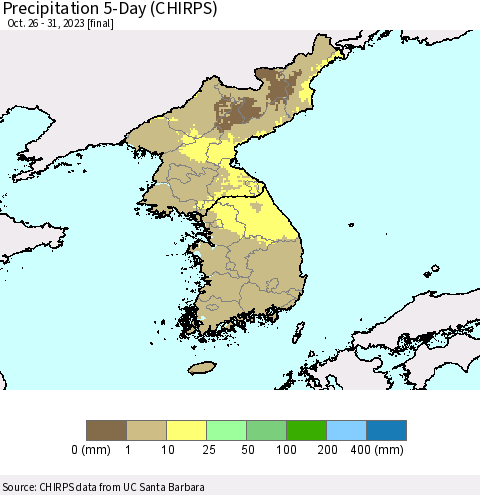 Korea Precipitation 5-Day (CHIRPS) Thematic Map For 10/26/2023 - 10/31/2023