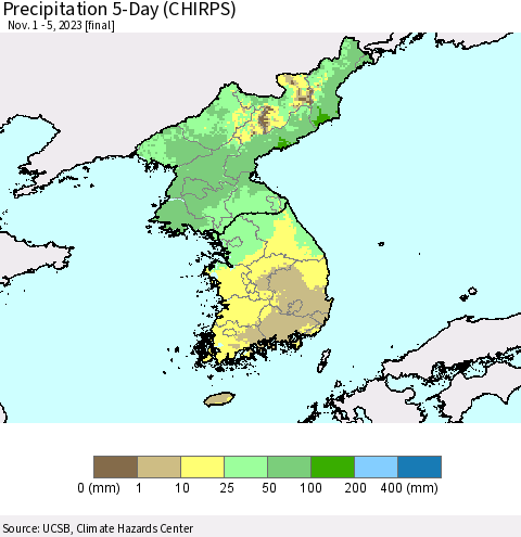 Korea Precipitation 5-Day (CHIRPS) Thematic Map For 11/1/2023 - 11/5/2023