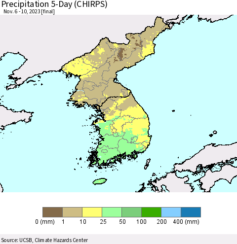 Korea Precipitation 5-Day (CHIRPS) Thematic Map For 11/6/2023 - 11/10/2023