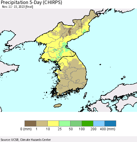 Korea Precipitation 5-Day (CHIRPS) Thematic Map For 11/11/2023 - 11/15/2023