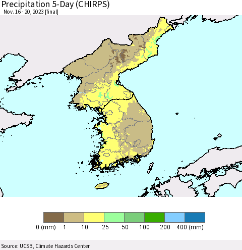 Korea Precipitation 5-Day (CHIRPS) Thematic Map For 11/16/2023 - 11/20/2023
