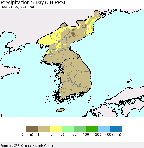Korea Precipitation 5-Day (CHIRPS) Thematic Map For 11/21/2023 - 11/25/2023