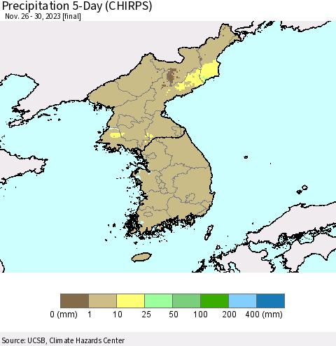Korea Precipitation 5-Day (CHIRPS) Thematic Map For 11/26/2023 - 11/30/2023