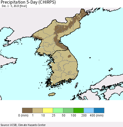 Korea Precipitation 5-Day (CHIRPS) Thematic Map For 12/1/2023 - 12/5/2023