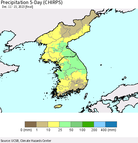 Korea Precipitation 5-Day (CHIRPS) Thematic Map For 12/11/2023 - 12/15/2023