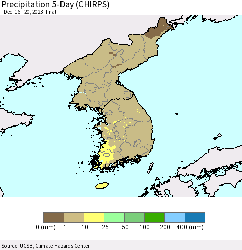 Korea Precipitation 5-Day (CHIRPS) Thematic Map For 12/16/2023 - 12/20/2023