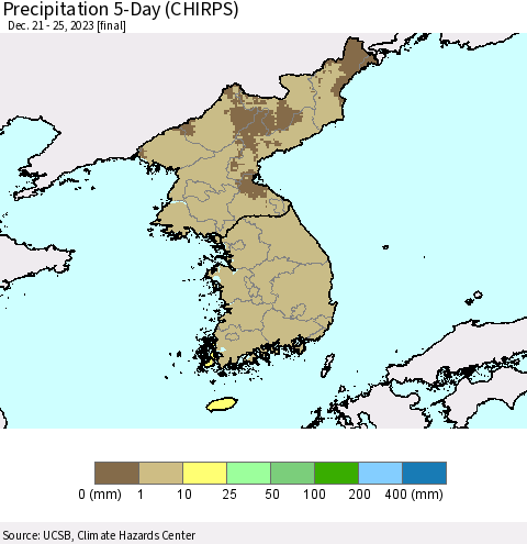 Korea Precipitation 5-Day (CHIRPS) Thematic Map For 12/21/2023 - 12/25/2023