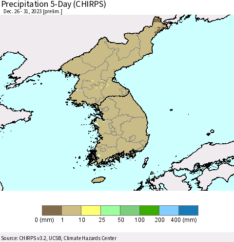 Korea Precipitation 5-Day (CHIRPS) Thematic Map For 12/26/2023 - 12/31/2023
