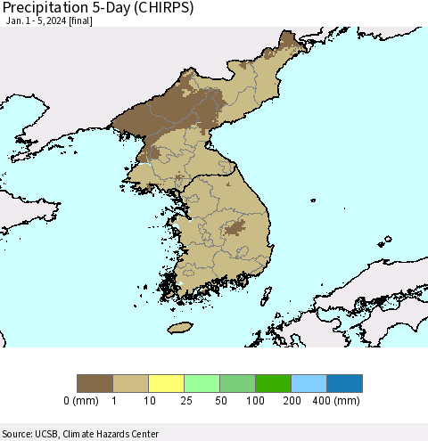 Korea Precipitation 5-Day (CHIRPS) Thematic Map For 1/1/2024 - 1/5/2024