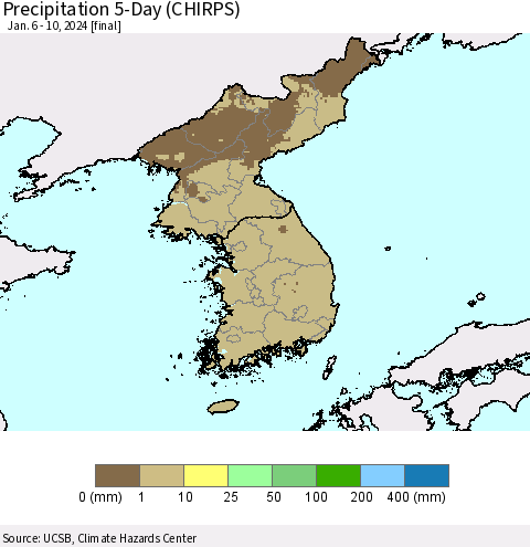 Korea Precipitation 5-Day (CHIRPS) Thematic Map For 1/6/2024 - 1/10/2024