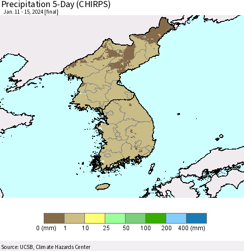 Korea Precipitation 5-Day (CHIRPS) Thematic Map For 1/11/2024 - 1/15/2024