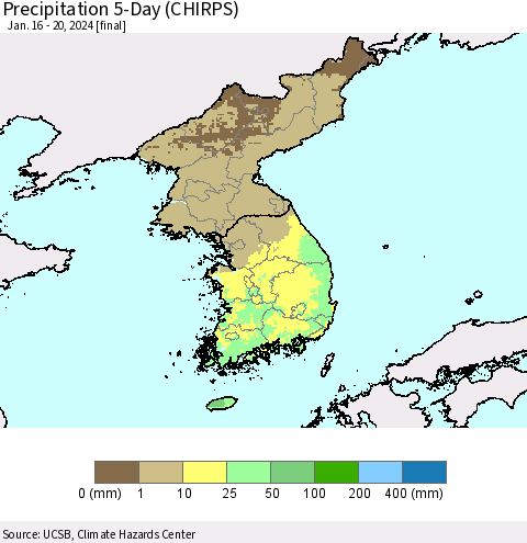 Korea Precipitation 5-Day (CHIRPS) Thematic Map For 1/16/2024 - 1/20/2024