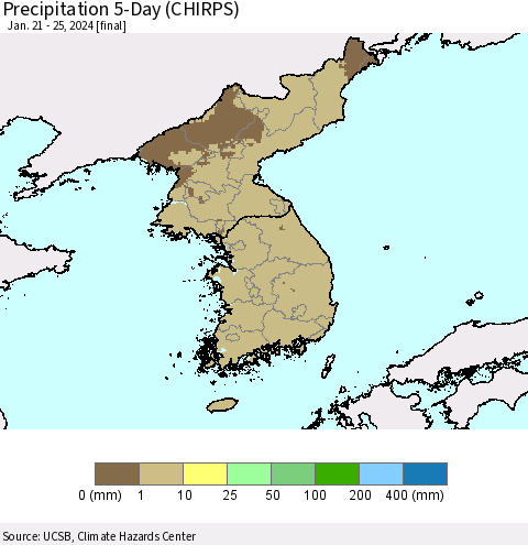 Korea Precipitation 5-Day (CHIRPS) Thematic Map For 1/21/2024 - 1/25/2024