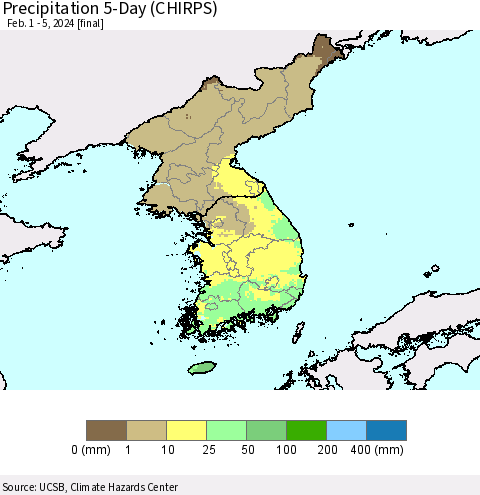 Korea Precipitation 5-Day (CHIRPS) Thematic Map For 2/1/2024 - 2/5/2024