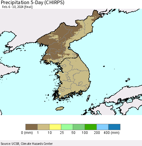 Korea Precipitation 5-Day (CHIRPS) Thematic Map For 2/6/2024 - 2/10/2024