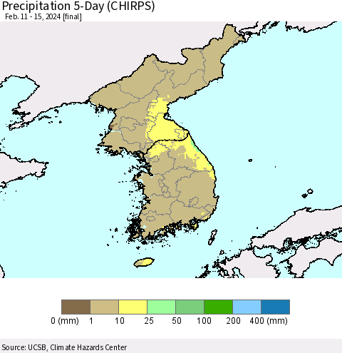 Korea Precipitation 5-Day (CHIRPS) Thematic Map For 2/11/2024 - 2/15/2024