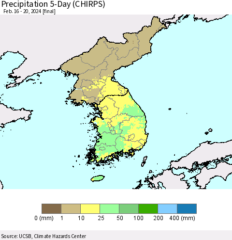 Korea Precipitation 5-Day (CHIRPS) Thematic Map For 2/16/2024 - 2/20/2024