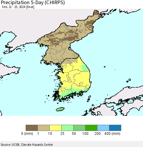 Korea Precipitation 5-Day (CHIRPS) Thematic Map For 2/21/2024 - 2/25/2024