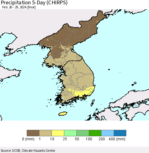 Korea Precipitation 5-Day (CHIRPS) Thematic Map For 2/26/2024 - 2/29/2024