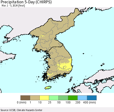 Korea Precipitation 5-Day (CHIRPS) Thematic Map For 3/1/2024 - 3/5/2024