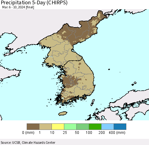 Korea Precipitation 5-Day (CHIRPS) Thematic Map For 3/6/2024 - 3/10/2024